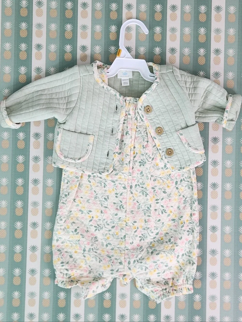 Cloud Island Quilted Mint Jacket & Floral Romper Set